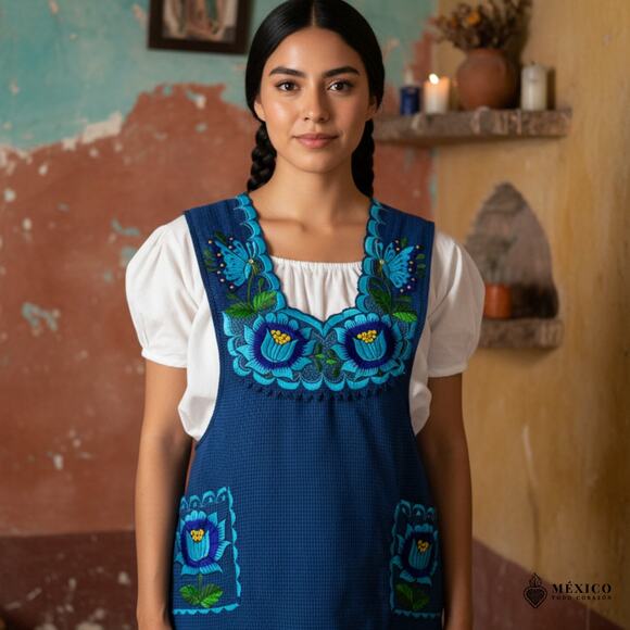 Blue Mexican Embroidered Apron – Basic Handmade Apron with Floral Design - Picture 6 of 9